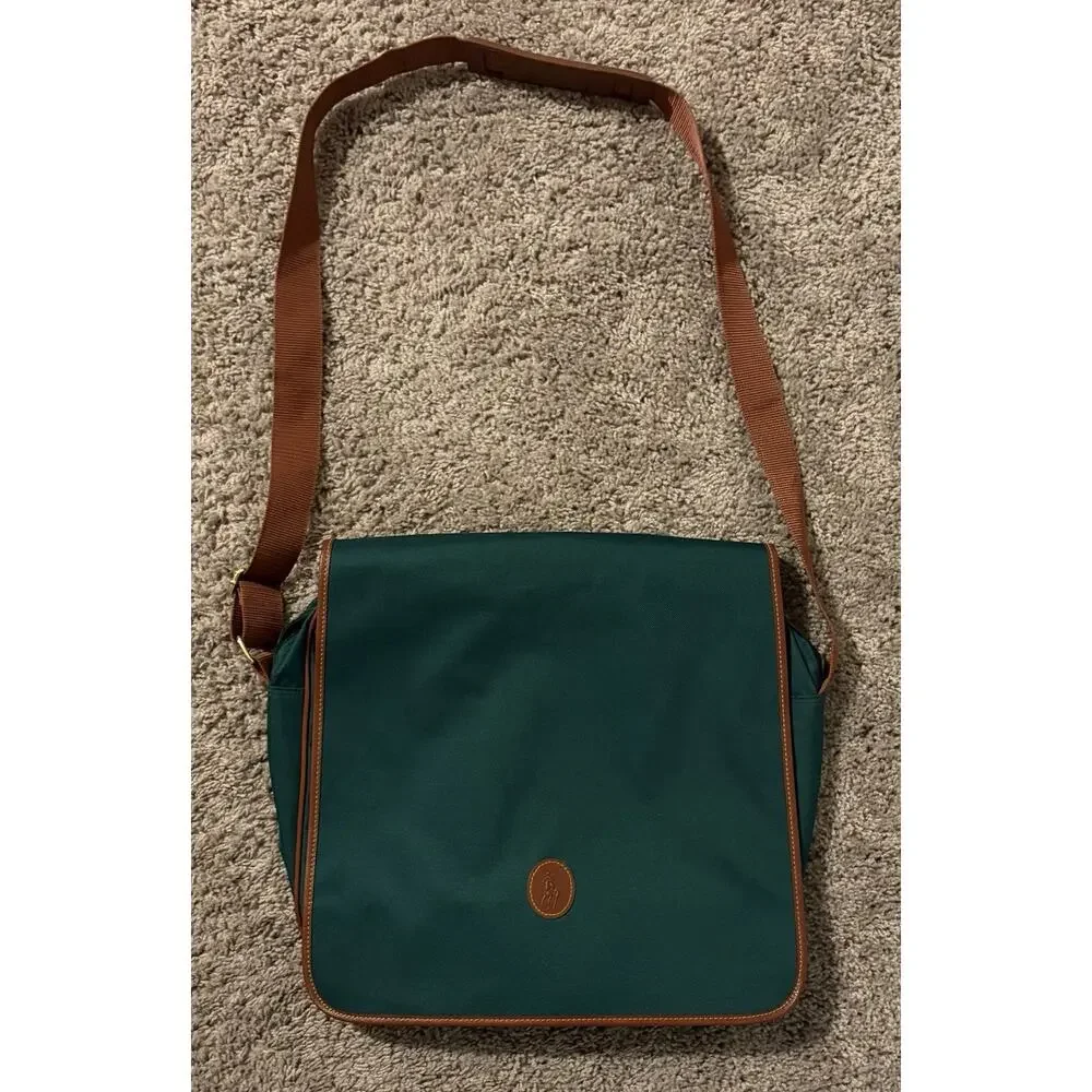 Vintage Ralph Lauren Green Shoulder Messenger Laptop Bag Brown Trim